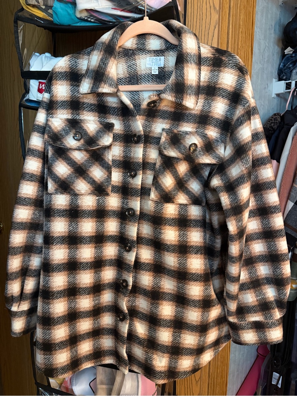Time and Tru Black and Cream Plaid Button-Up Shacket